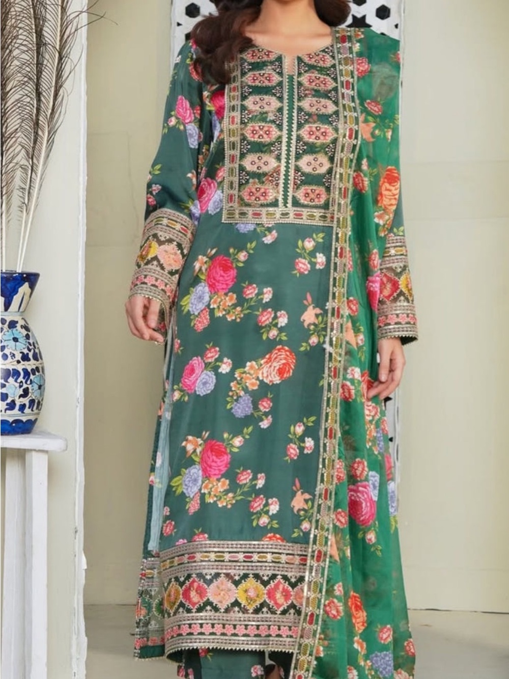 Embroidered Floral Green Women's Dress